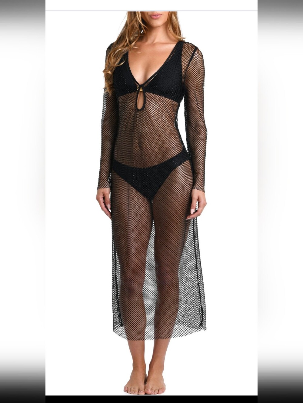 L'AGENCE Black Sheer Fishnet Long-Sleeve Maxi Swim Cover-Up SARA SHINE Vneck NWT